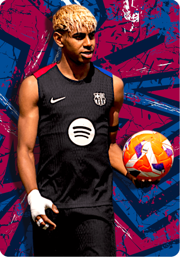 Lamine Yamal holding a ball with a t-shirt showing his skin. This image is in the article that talk about Lamine Yamal's religion, bio, awards and records.